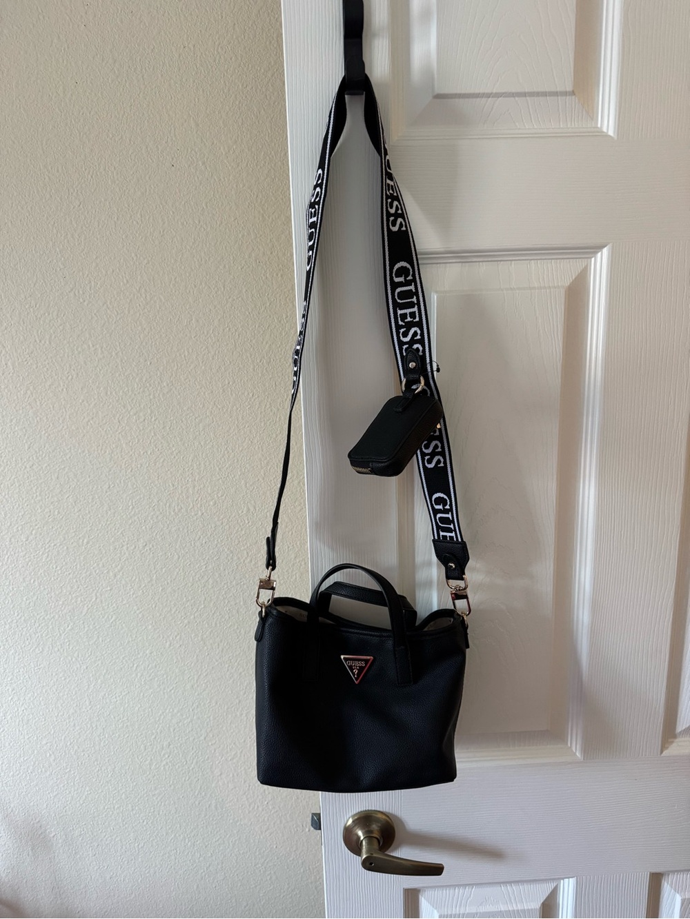 GUESS Black Pebbled Leather Crossbody Bag with Branded Strap